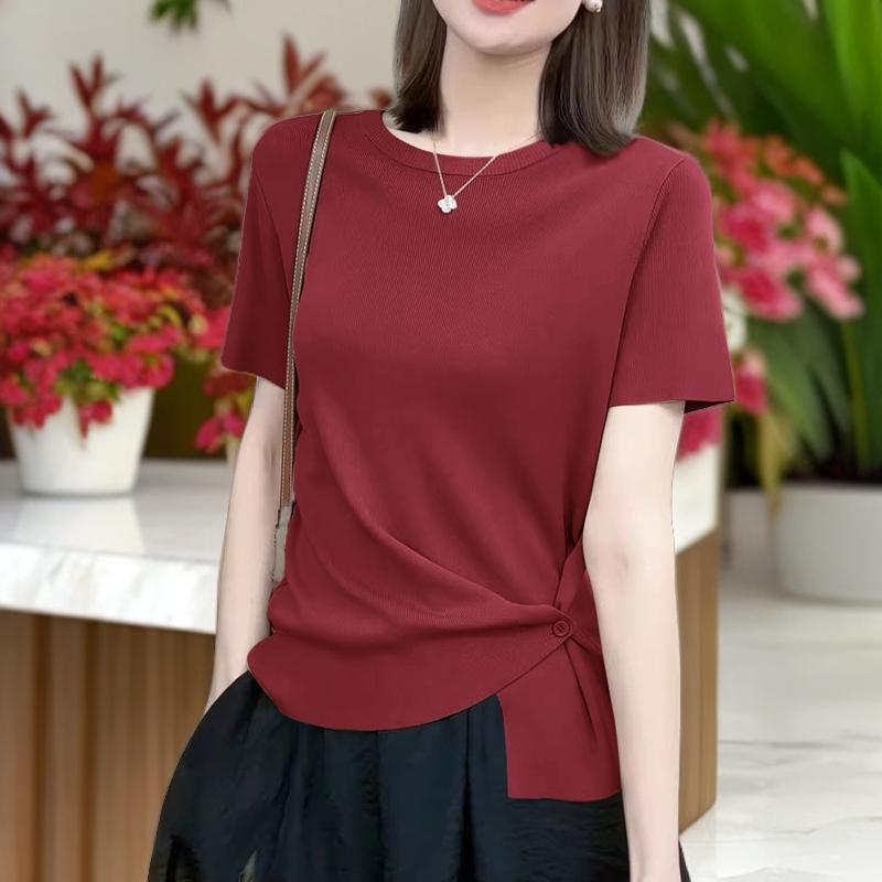 無地 Tシャツ サイドリボン ドレープ 半袖カットソー