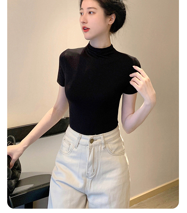 無地 Tシャツ すっきり着こなし モックネック半袖トップス