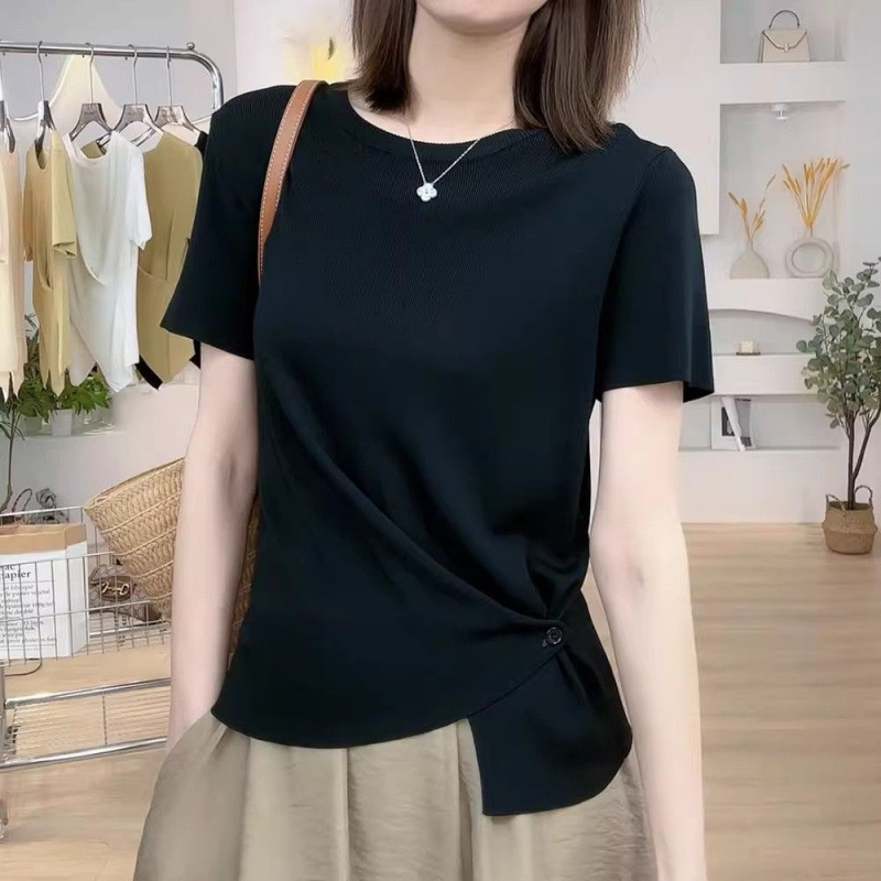 無地 Tシャツ サイドリボン ドレープ 半袖カットソー