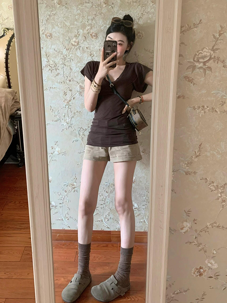 無地 Tシャツ シンプル美シルエット Vネック半袖