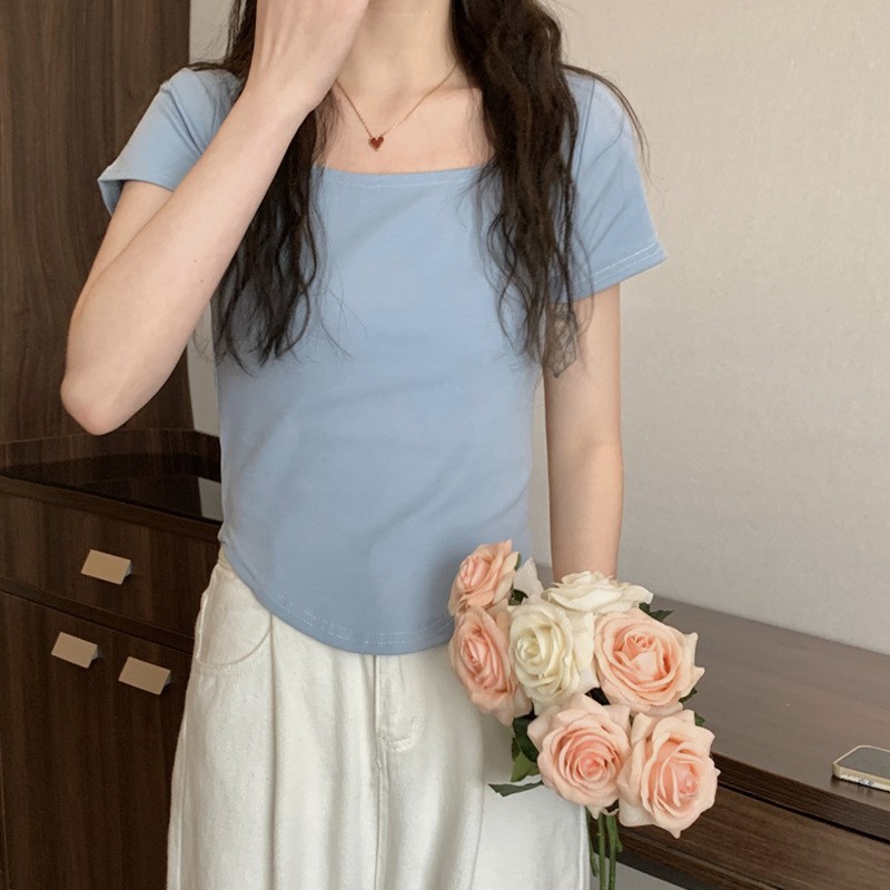 無地 Tシャツ スクエアネック シンプル半袖トップス