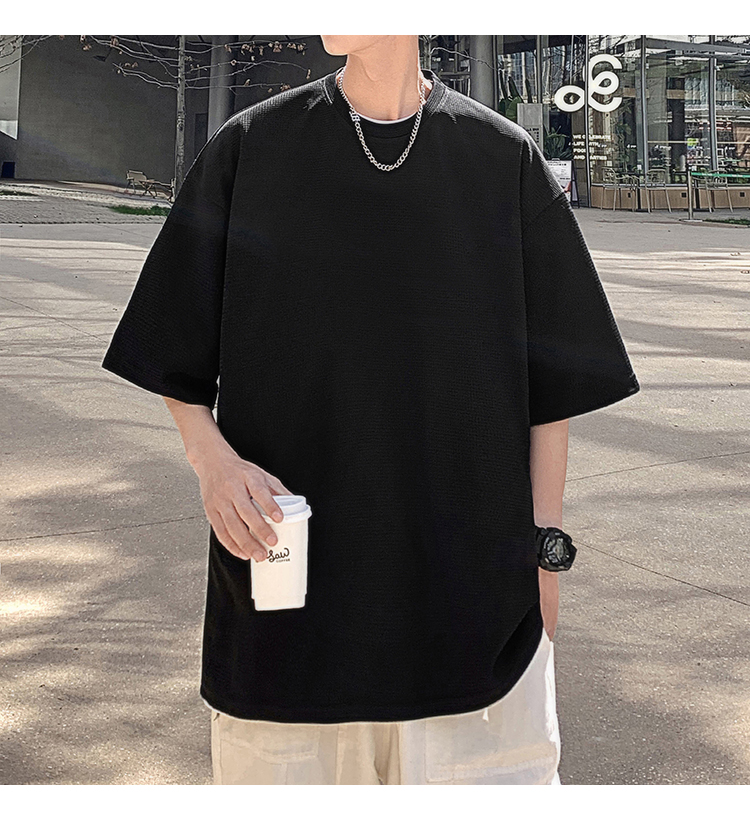無地 Tシャツ 凹凸織り ワッフル風 ゆったり半袖シャツ