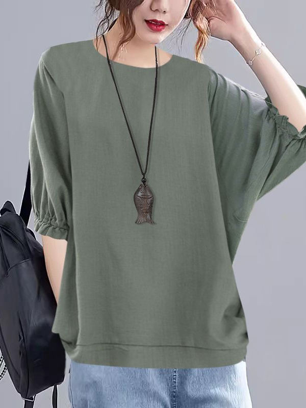 無地 Tシャツ ゆったり袖口ギャザー無地Tシャツ
