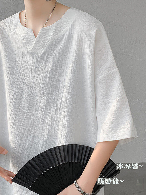 無地 Tシャツ 涼風キーネック五分袖シャツ