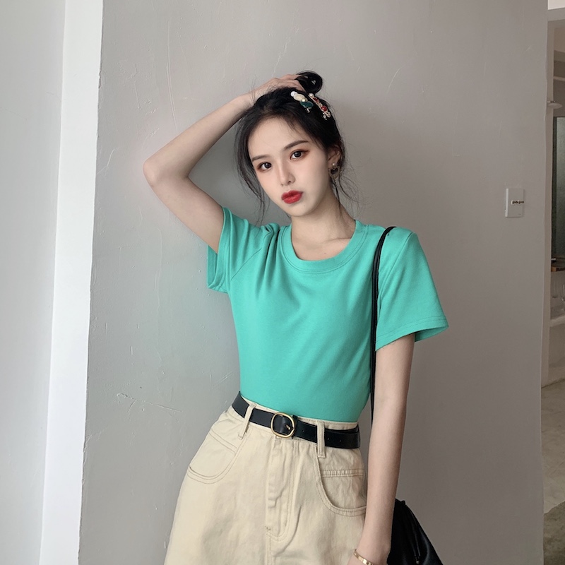 無地 Tシャツ シンプル丸首半袖カットソー