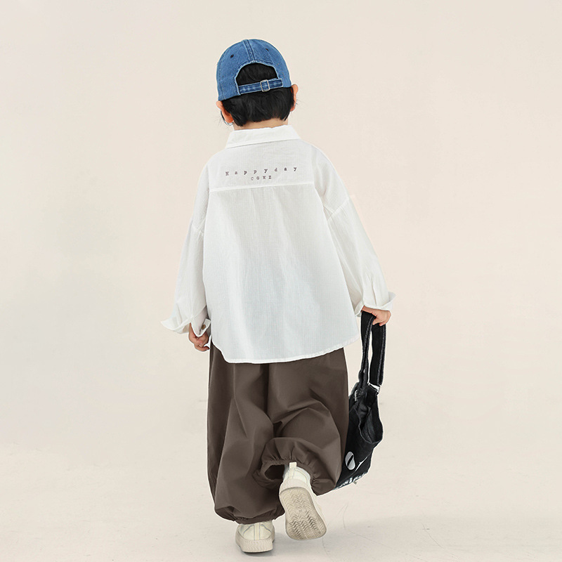 無地シャツ キッズ ゆったりシルエット胸ポケット付き長袖シャツ