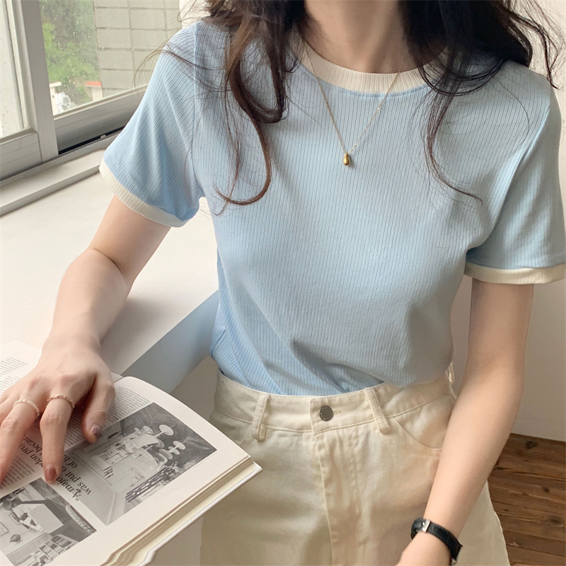 無地 Tシャツ リブ編み丸首半袖シンプル無地Tシャツ