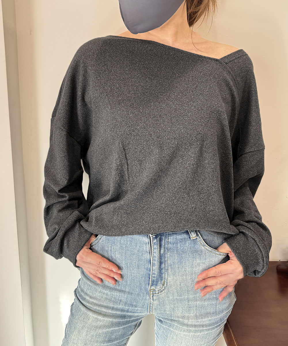 無地 Tシャツ 二通り着こなし無地長袖変形襟トップス