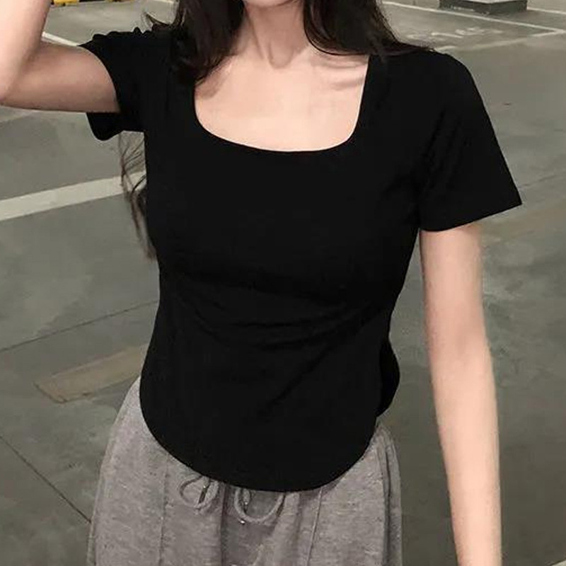 無地 Tシャツ スクエアネック シンプル半袖トップス