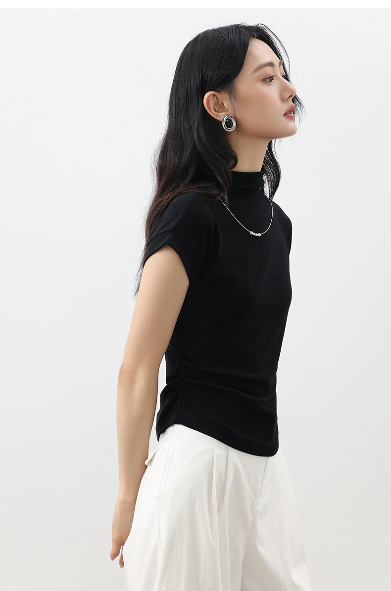 無地 Tシャツ すっきりハイネック無地フレンチ袖