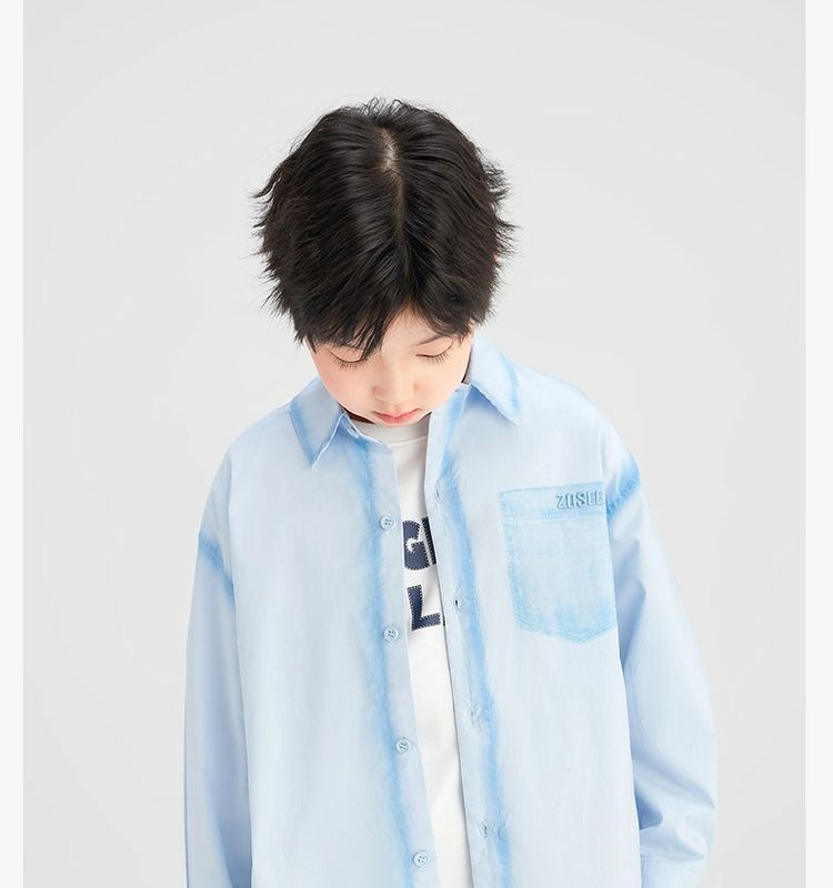 無地シャツ キッズ　やわらか素材シンプル長袖ポケットシャツ