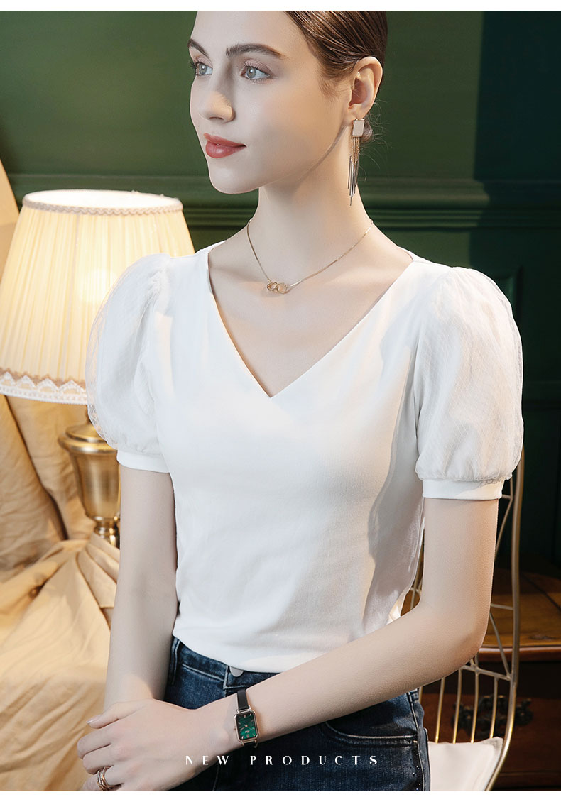無地 Tシャツ 姫袖デザイン 上品Vネック無地半袖