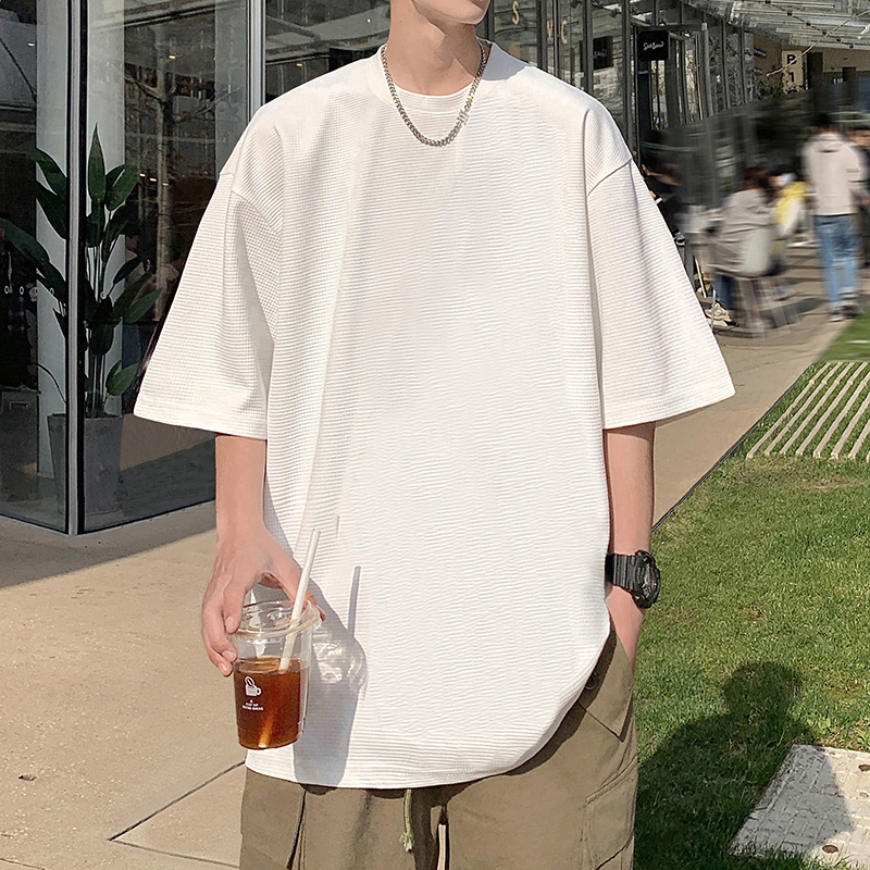 無地 Tシャツ 凹凸織り ワッフル風 ゆったり半袖シャツ