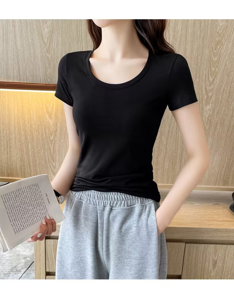 無地 Tシャツ 女性らしさ引き立つ丸首無地半袖