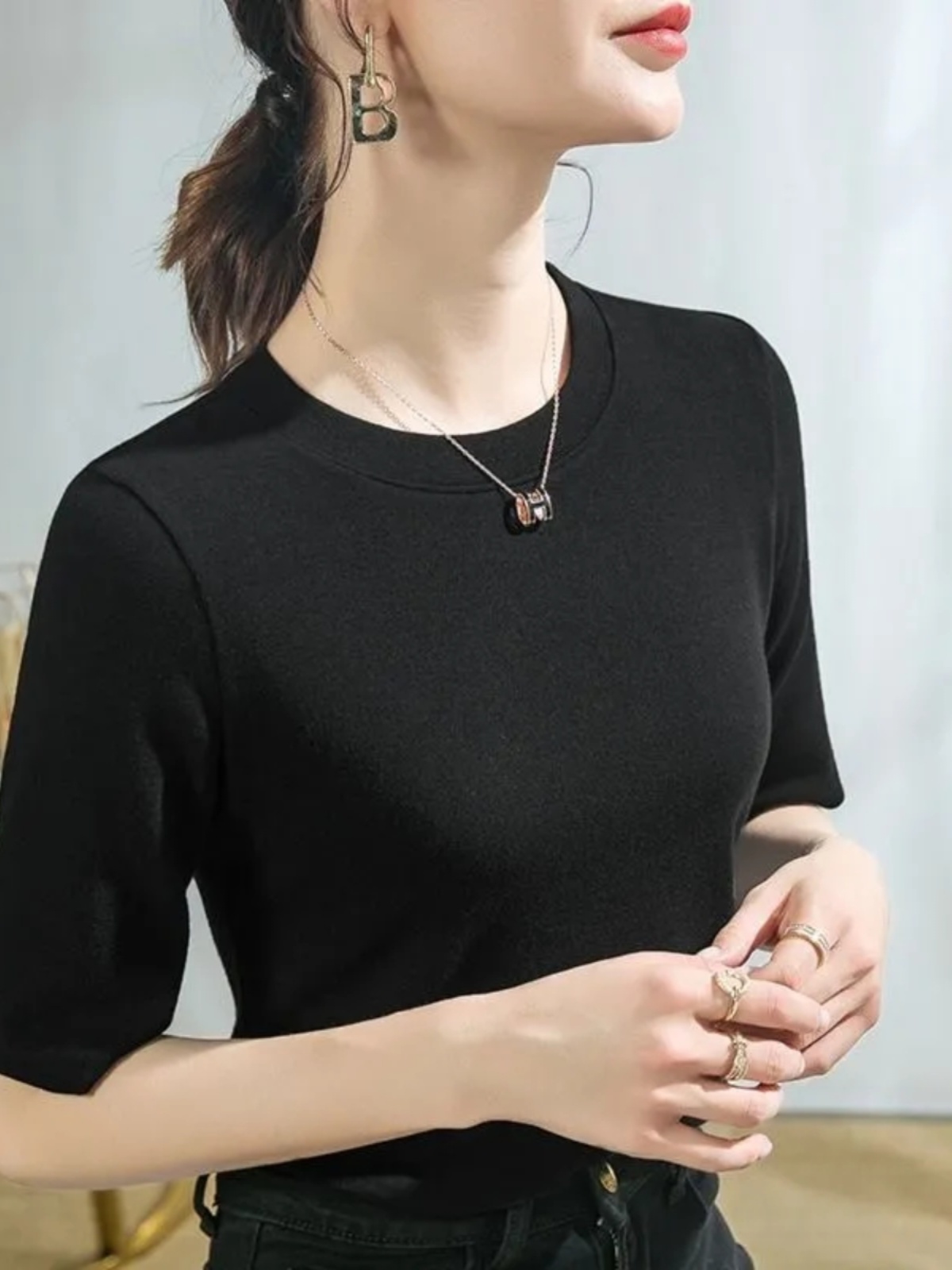 無地 Tシャツ 上質シルエット 五分袖無地カットソー