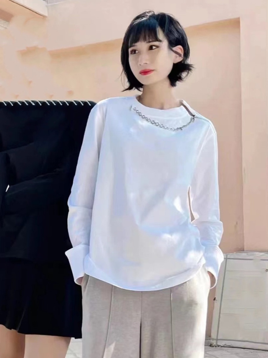 無地 Tシャツ チェーンネックレス付き無地長袖トップス