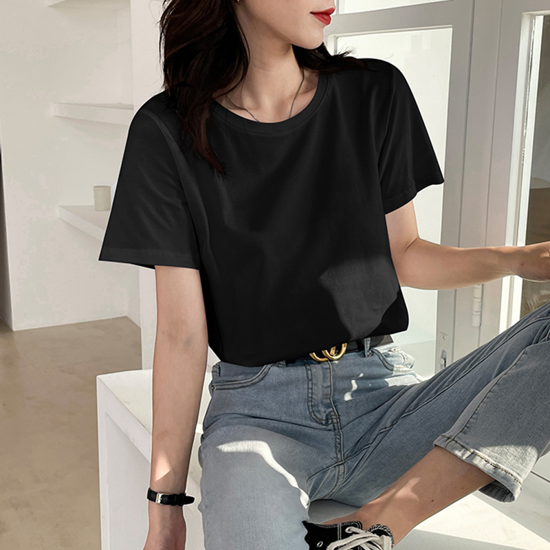 無地 Tシャツ レディース シンプル丸襟ベーシック半袖カットソー