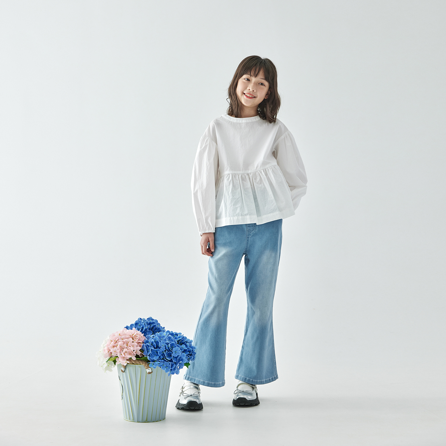 無地シャツ キッズ ふんわり袖のギャザーブラウス