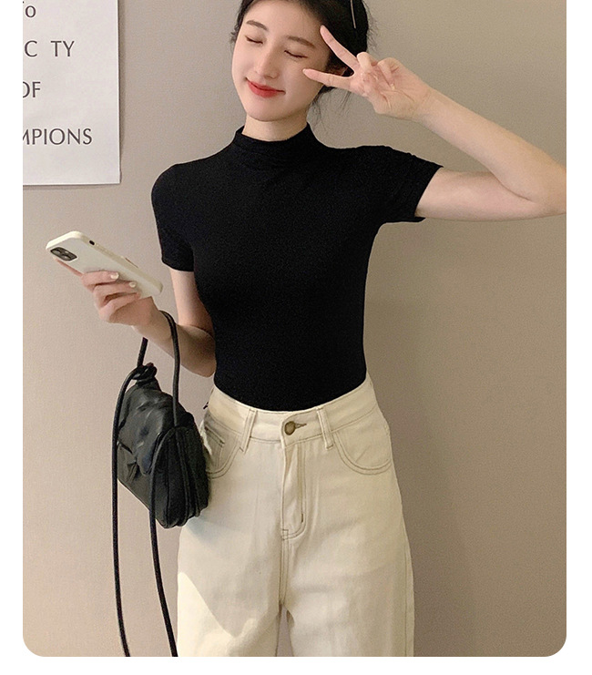 無地 Tシャツ すっきり着こなし モックネック半袖トップス