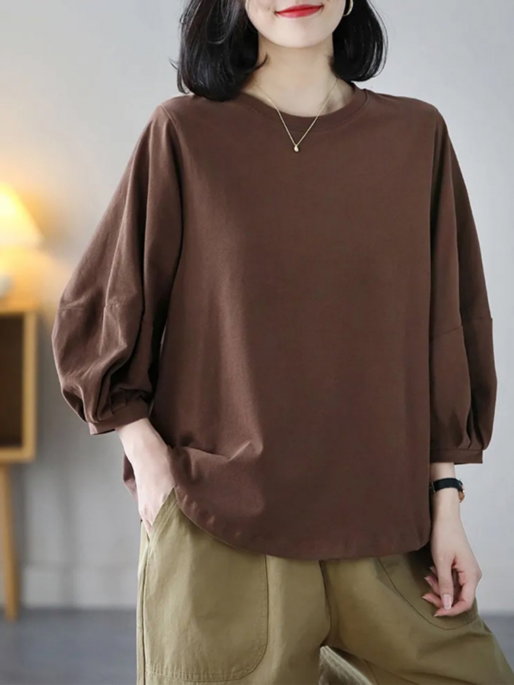 無地 Tシャツ ふんわり袖の上質無地七分袖カットソー