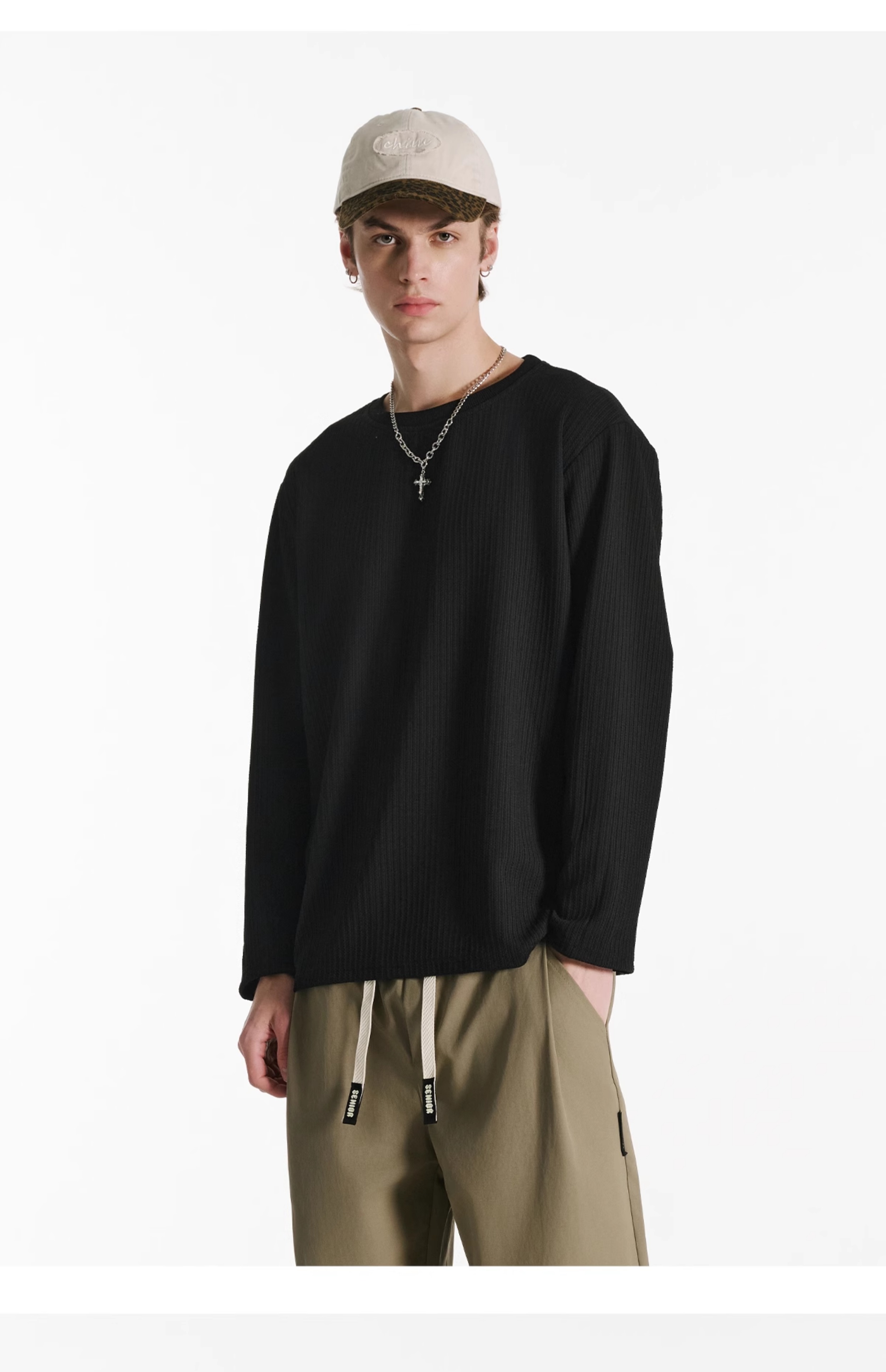 無地 Tシャツ 細リブ編み 長袖 シンプルプルオーバー