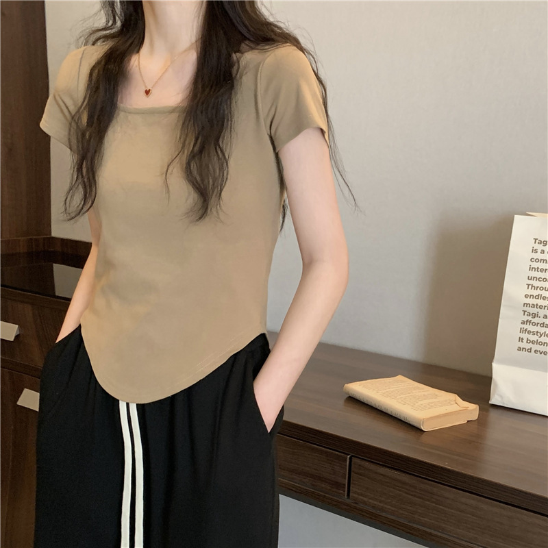 無地 Tシャツ スクエアネック シンプル半袖トップス