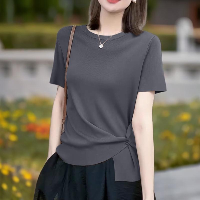 無地 Tシャツ サイドリボン ドレープ 半袖カットソー
