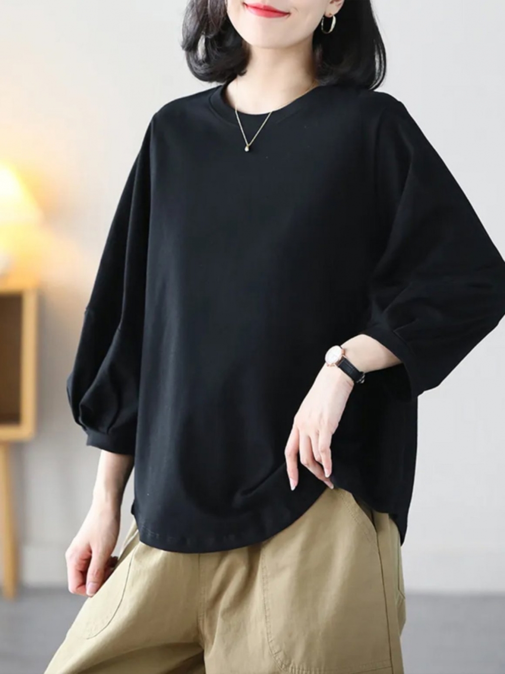 無地 Tシャツ ふんわり袖の上質無地七分袖カットソー
