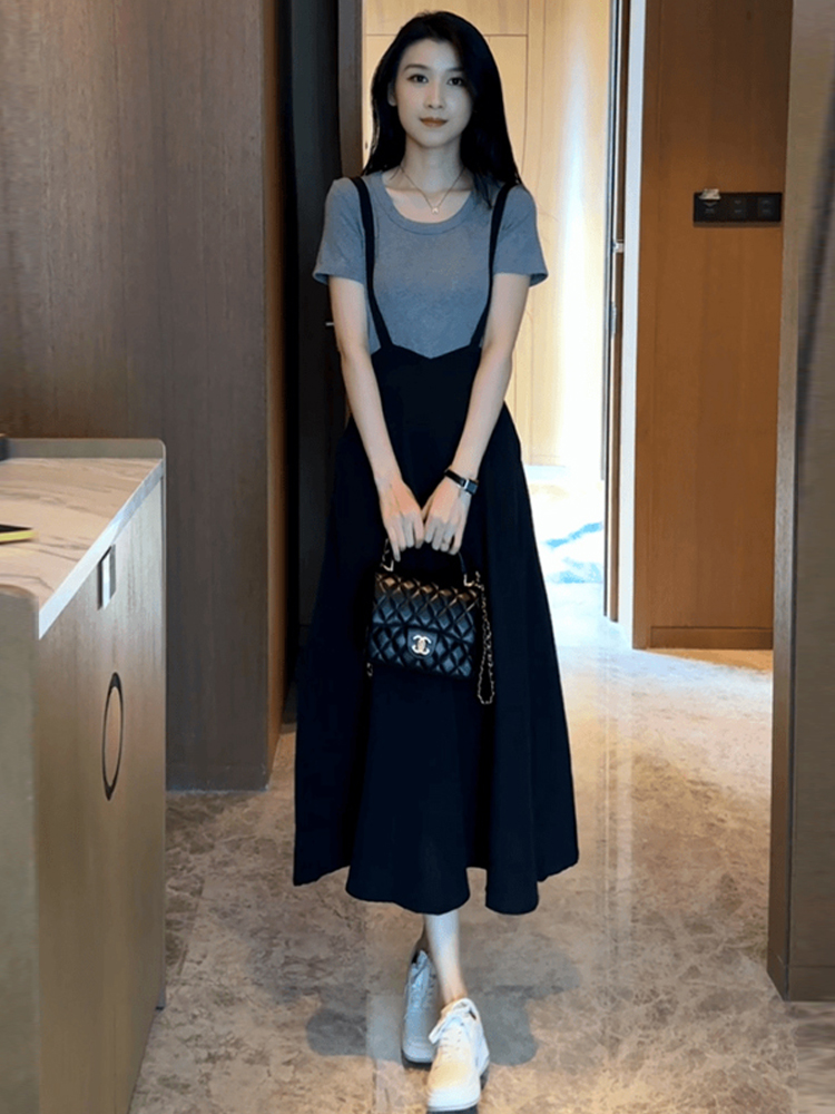 スカート 吊り紐付きロング丈サスペンダースカート