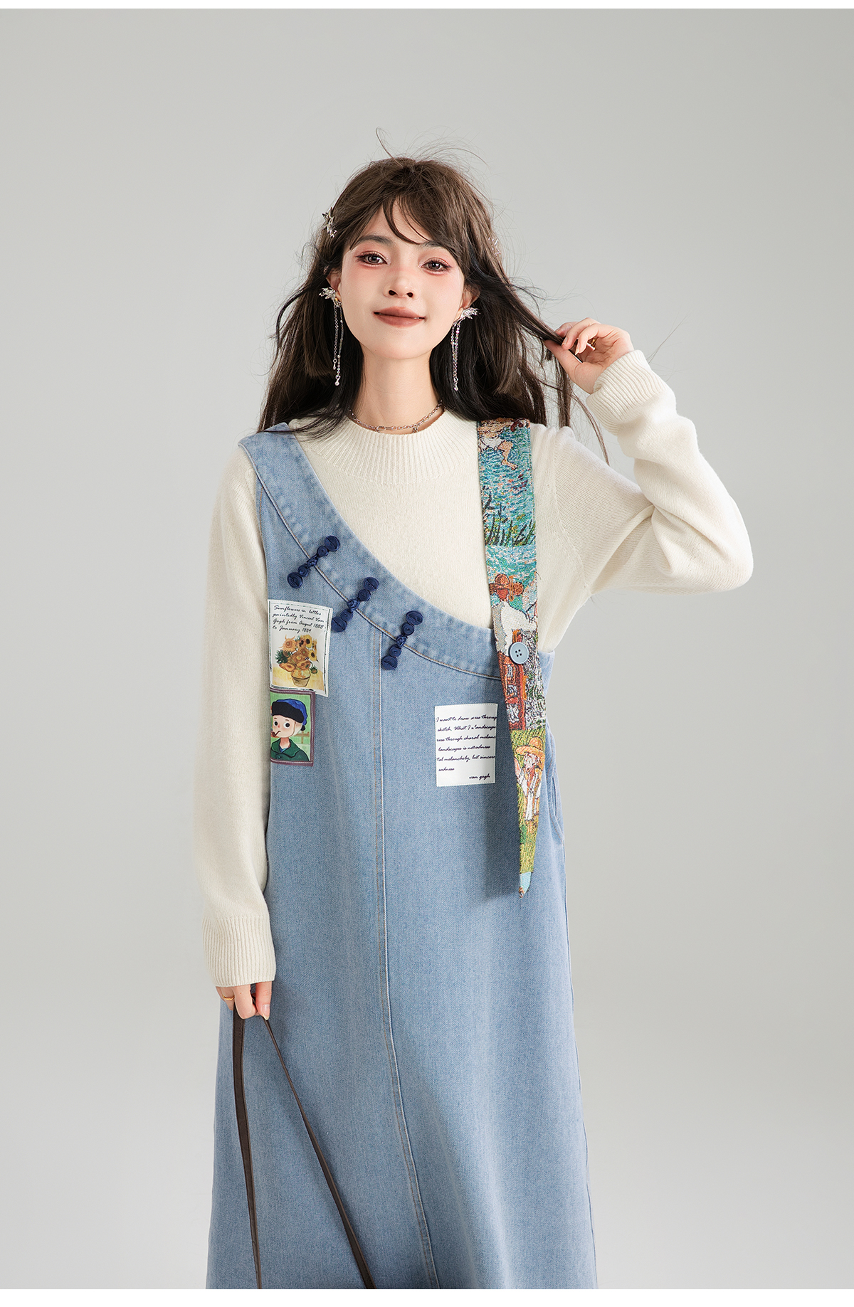 スカート ワッペン付き ゆったりデニムジャンパースカート