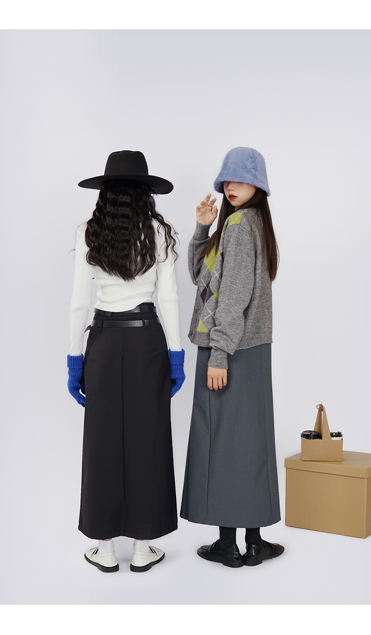 スカート ダブルベルト付きハイウエストロングタイトスカート