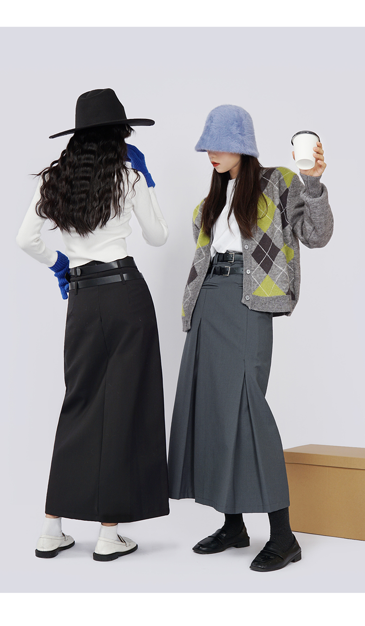 スカート ダブルベルト付きハイウエストロングタイトスカート