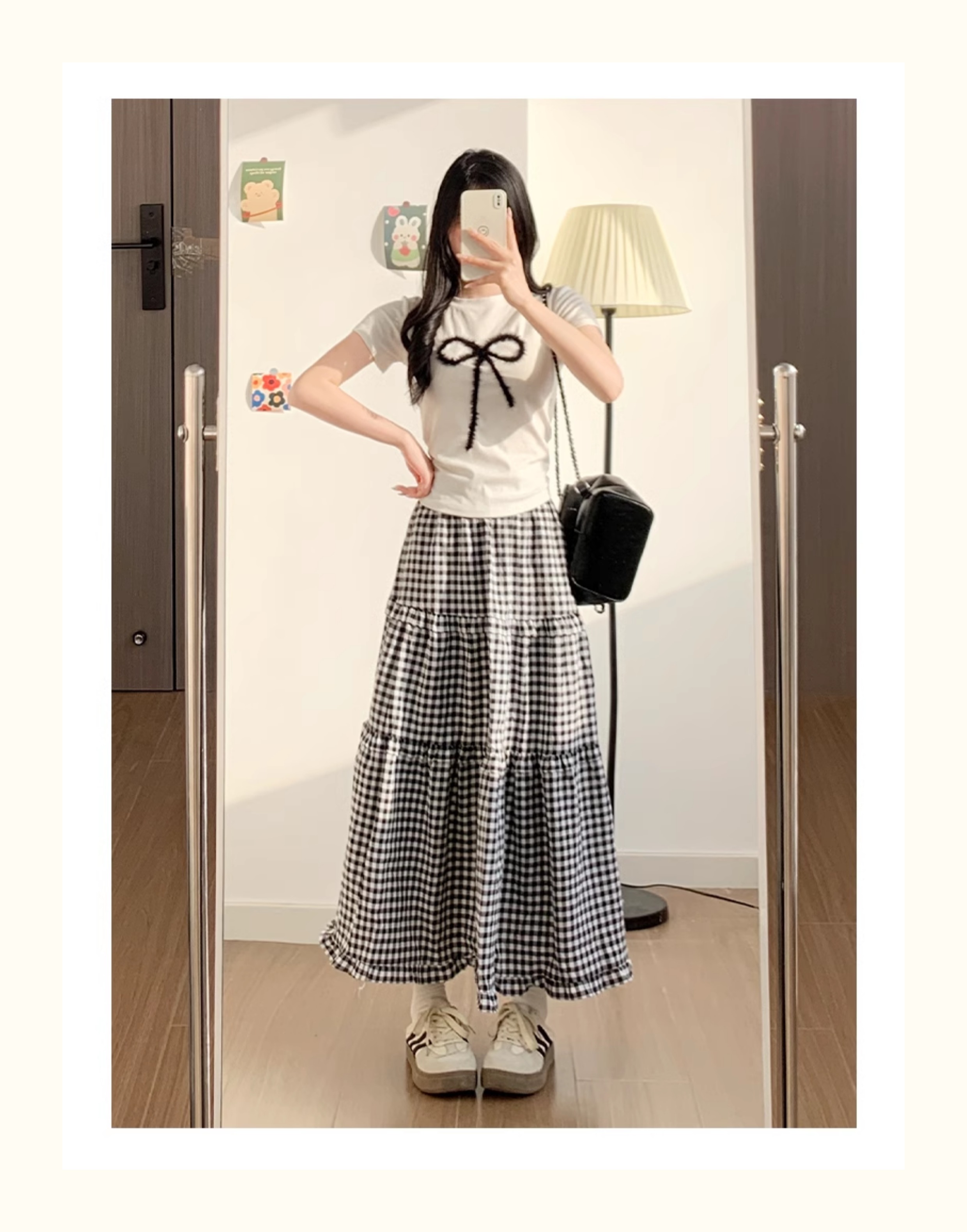 スカート ティアードギンガムロングスカート