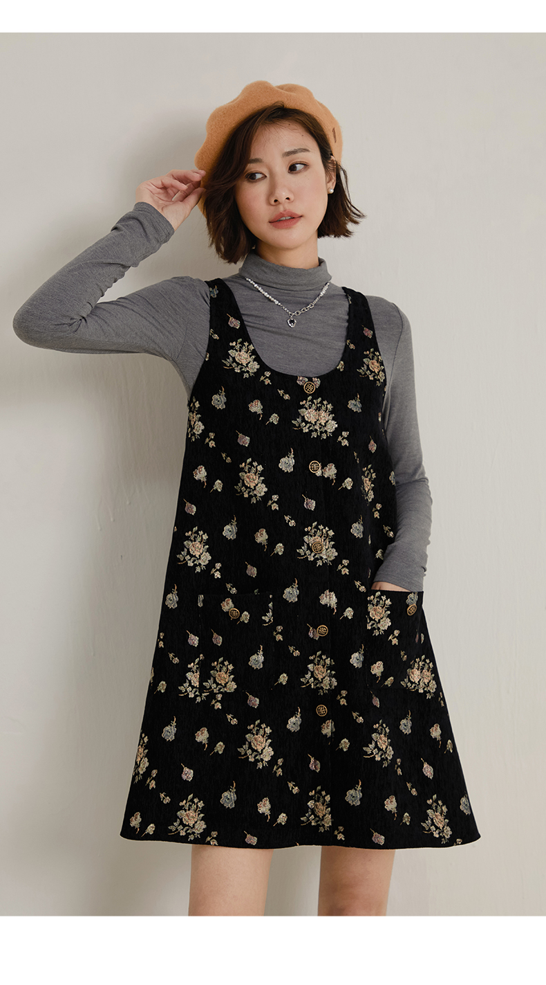 スカート 花柄コーデュロイジャンパースカート