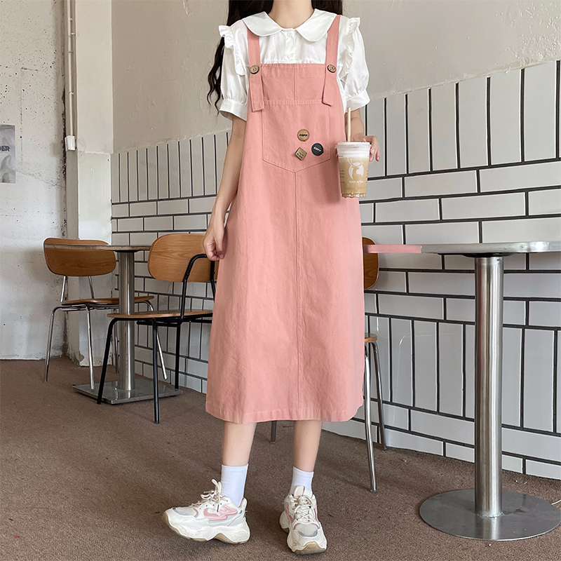 スカート シンプル胸ポケット付きジャンパースカート