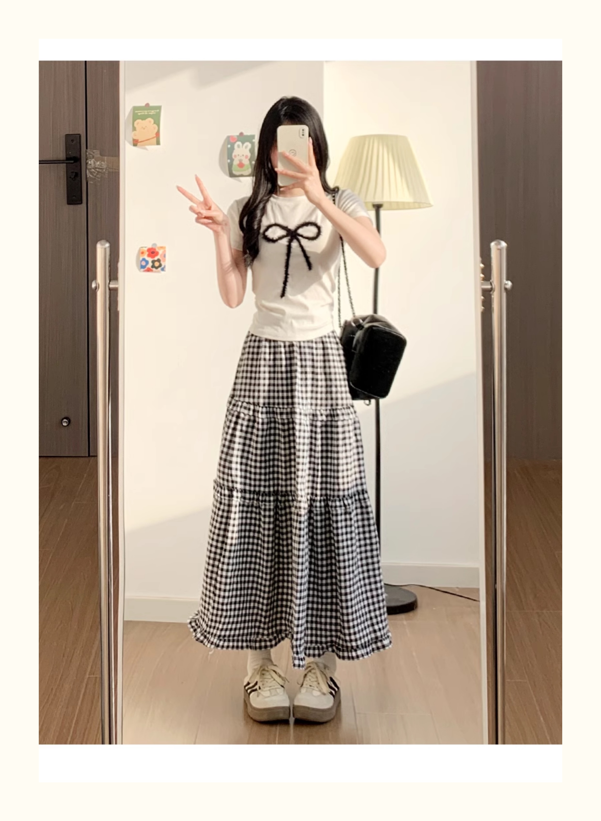 スカート ティアードギンガムロングスカート