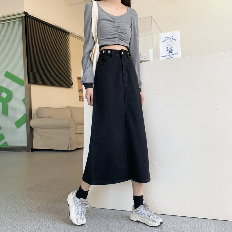 スカート デニム風ハイウエストロングフレアスカート