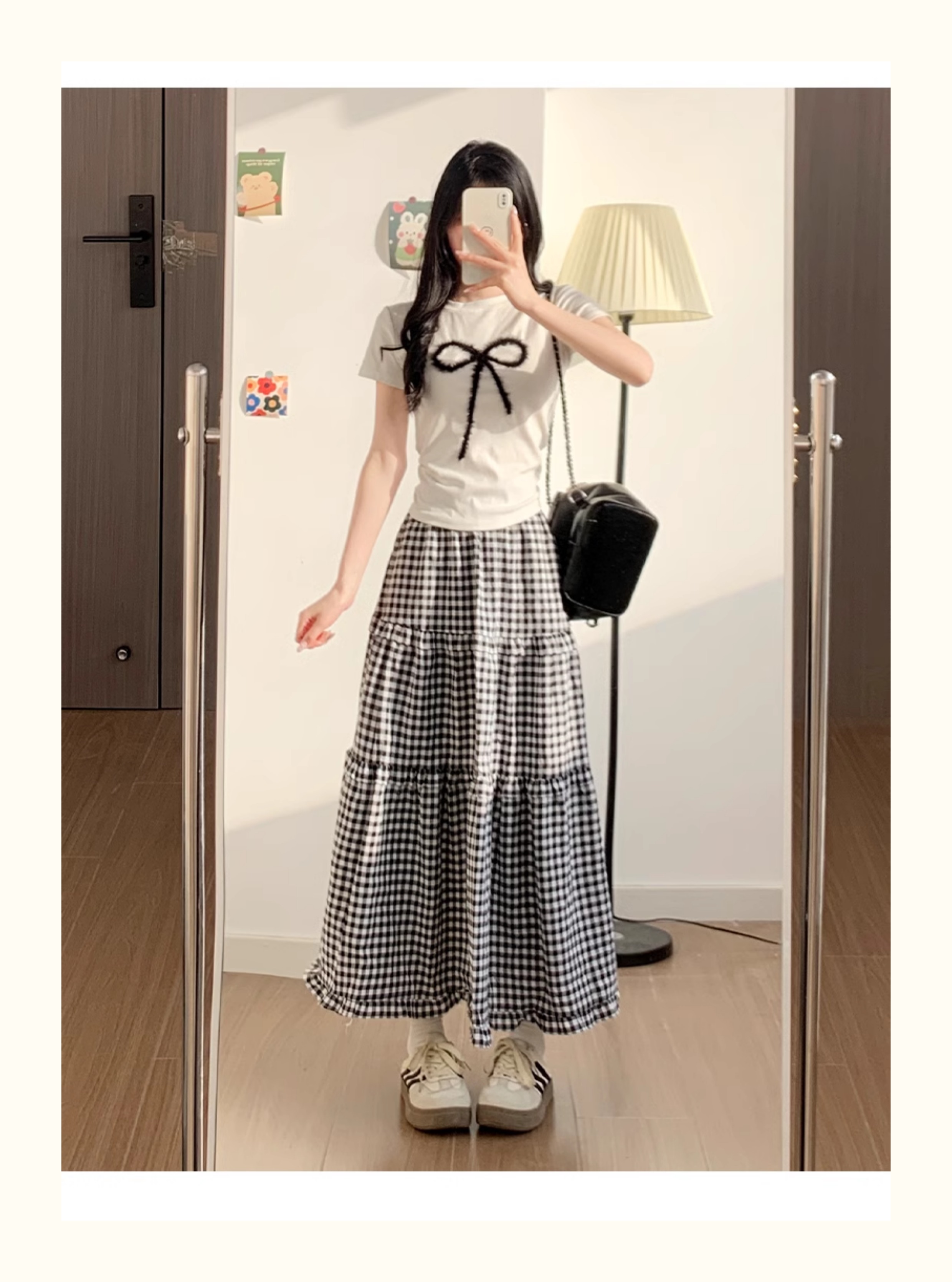 スカート ティアードギンガムロングスカート