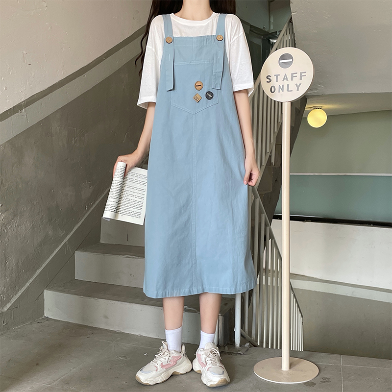 スカート シンプル胸ポケット付きジャンパースカート