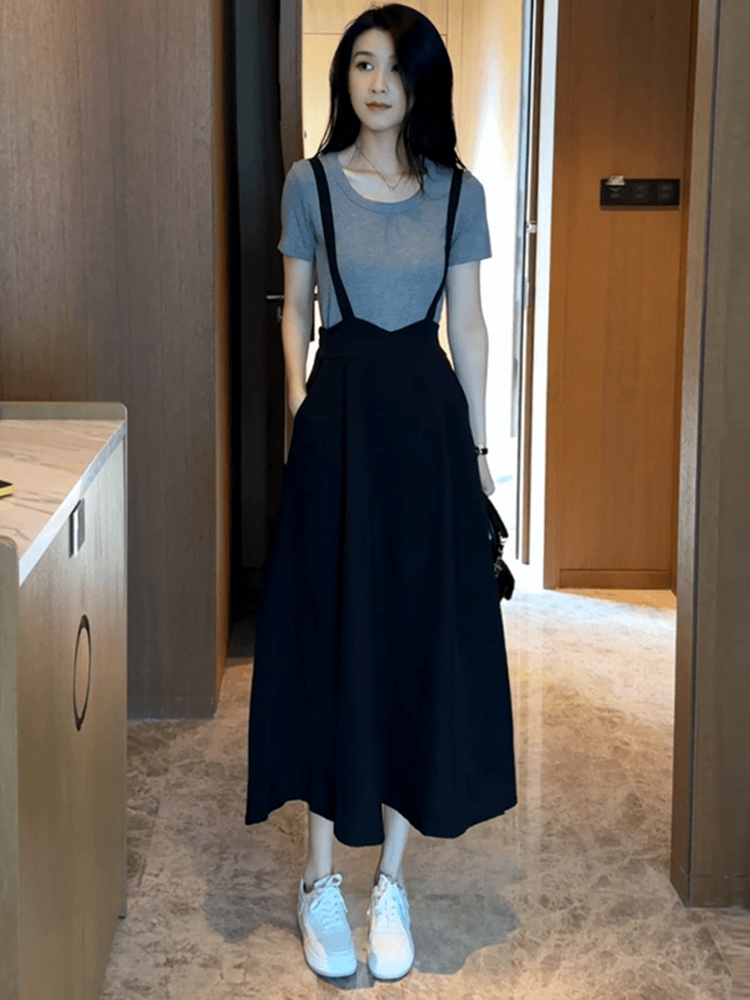 スカート 吊り紐付きロング丈サスペンダースカート