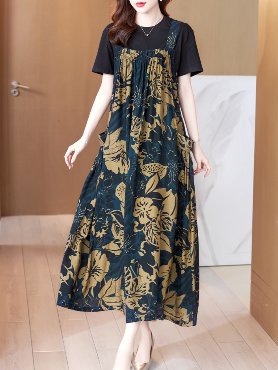 スカート 花柄パッチワーク風ジャンパースカート