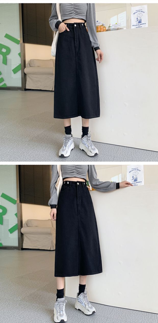 スカート デニム風ハイウエストロングフレアスカート