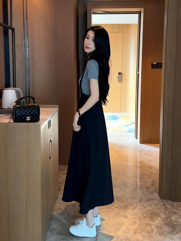 スカート 吊り紐付きロング丈サスペンダースカート