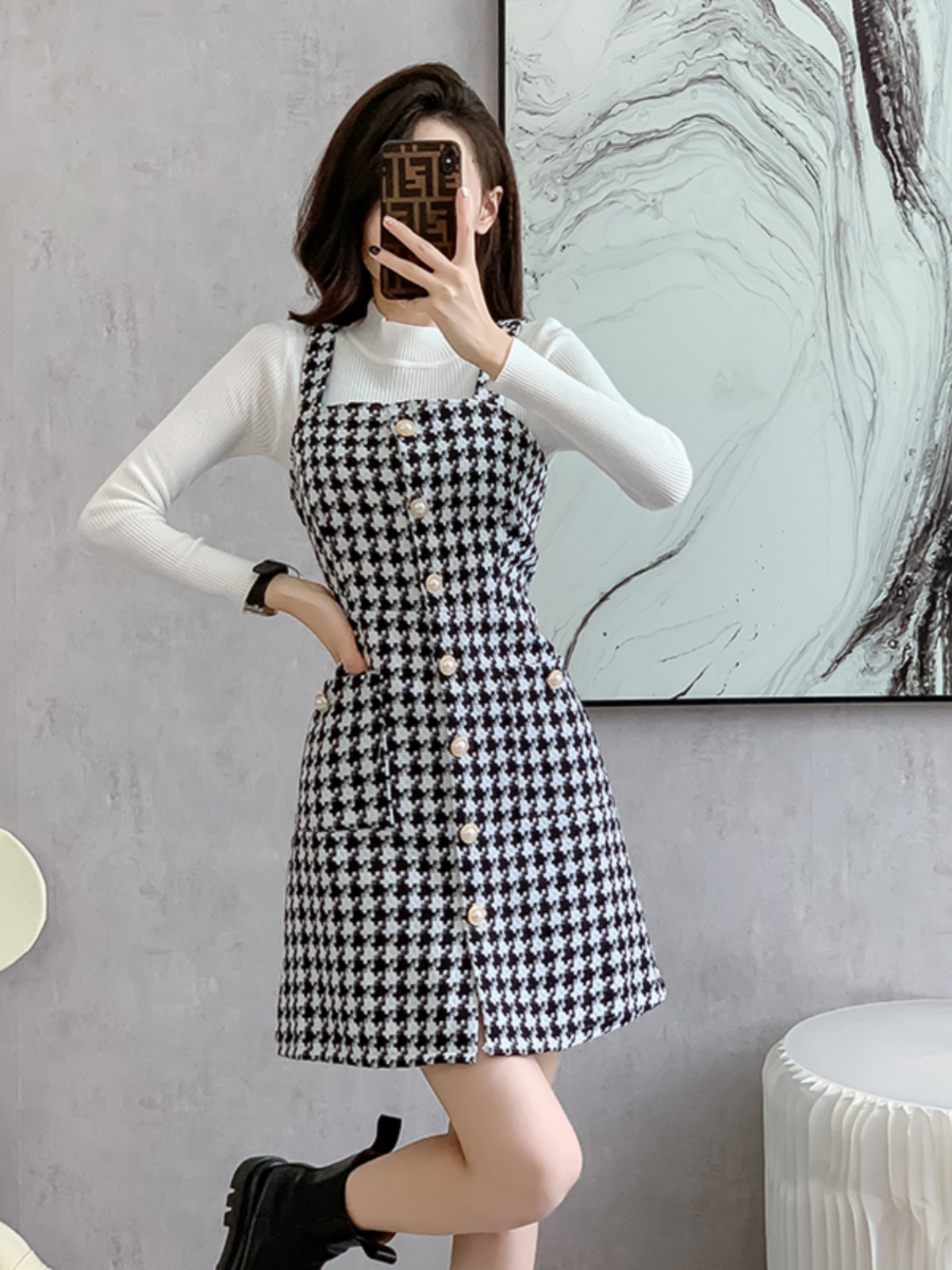 スカート 千鳥格子柄ボタン付きジャンパースカート