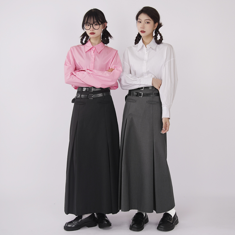 スカート ダブルベルト付きハイウエストロングタイトスカート