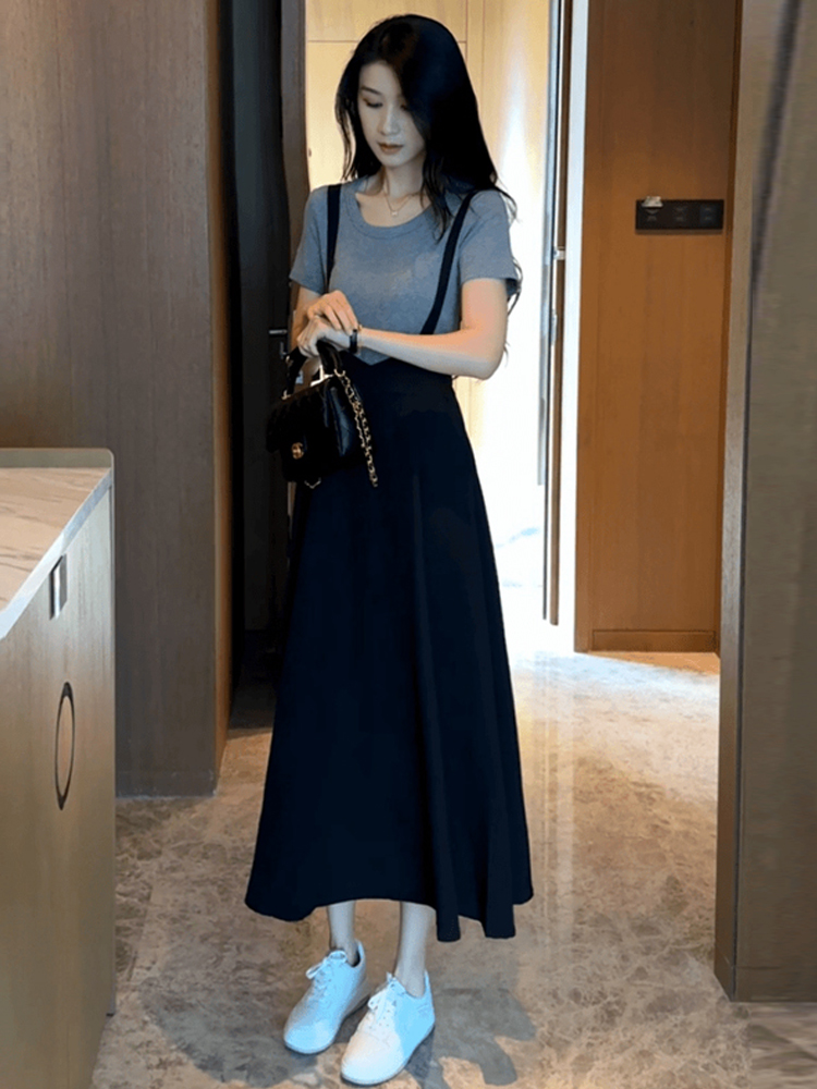 スカート 吊り紐付きロング丈サスペンダースカート