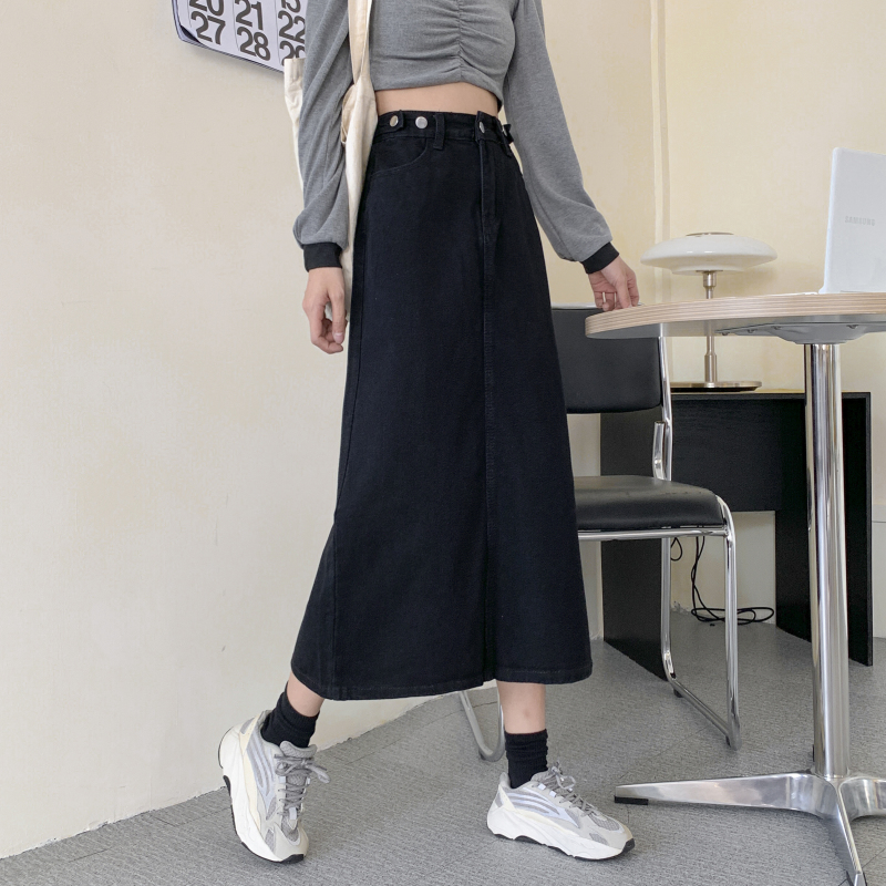 スカート デニム風ハイウエストロングフレアスカート