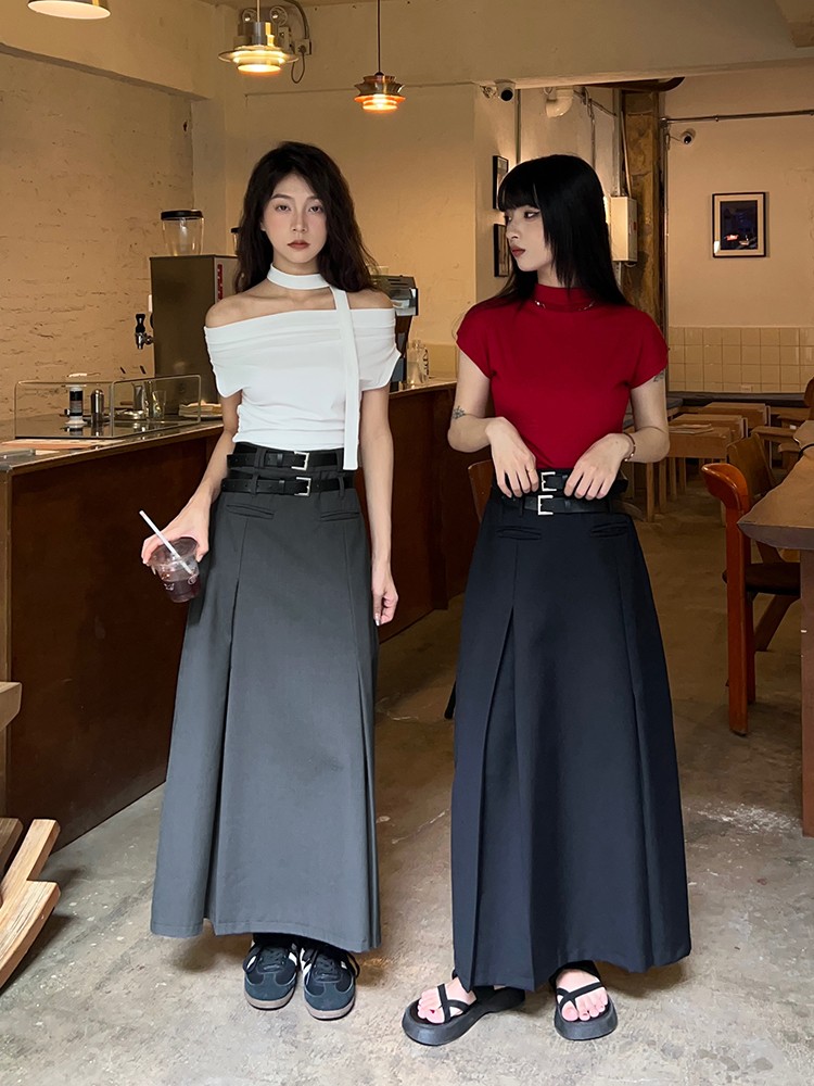 スカート ダブルベルト付きハイウエストロングタイトスカート