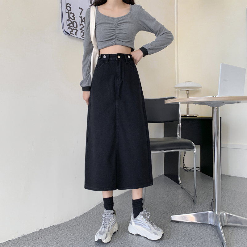 スカート デニム風ハイウエストロングフレアスカート
