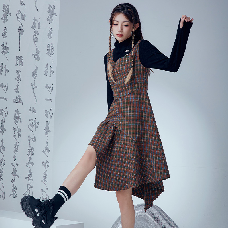 スカート 格子柄アシンメトリースカートジャンパー